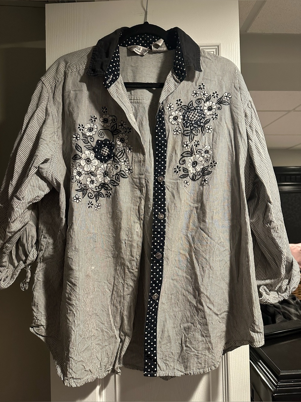 Vintage Striped Button-Down Shirt with Navy Floral Embroidery